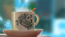 Tasse à thé avec image de chat, tasse vide en avant-plan, fond flou