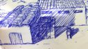 Dessin en bleu sur papier représentant une structure architecturale complexe