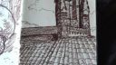 Techniques de dessin en noir et blanc, avec des toits et des détails architecturaux