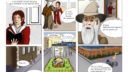 Scène de dessin montrant une personne dessinant une maison avec des personnages, technique de croquis