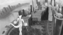 Dessin en noir et blanc d'une ville avec des bâtiments et un personnage suspendu dans le ciel