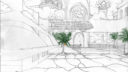 Dessin de paysage urbain avec des arbres et des bâtiments, style simple et épuré