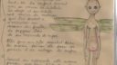 Page de cahier avec dessins et notes manuscrites, style simple et détaillé