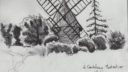 Croquis de paysage avec un arbre et un panneau, style de dessin simple