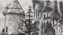 Une structure avec toit pointu et arbres, technique de dessin simple et naturelle