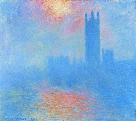 Peinture de Monet intitulée  « Londres, le Parlement. Trouée de soleil dans le brouillard »