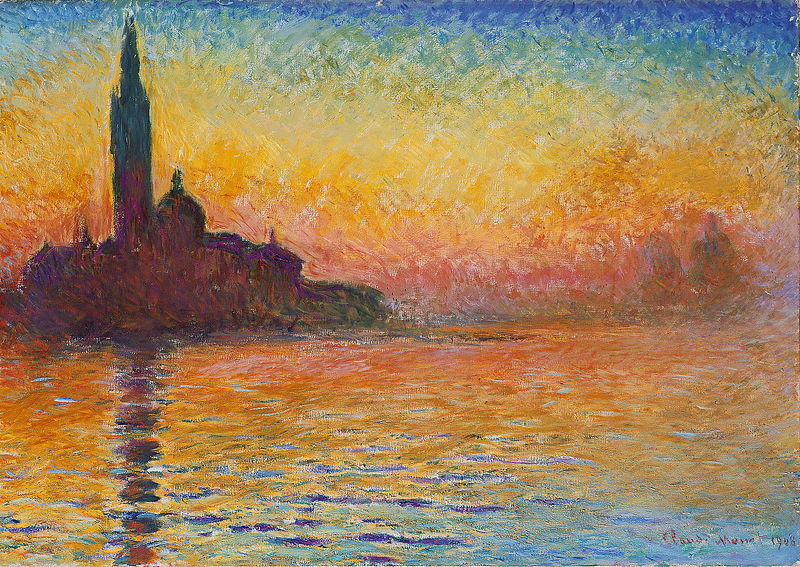 Peinture de Monet intitulée  « Saint-Georges-Majeur au crépuscule »