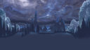Paysage nocturne avec montagnes, lumières et forêt, style de dessin réaliste