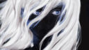 Cheveux blancs et bleus sur fond noir, style numérique