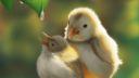 Deux poussins dorés se tiennent près d'un œuf vert, scène animée