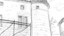Dessin d'un bâtiment avec des fenêtres et une tourelle, style simple et réaliste