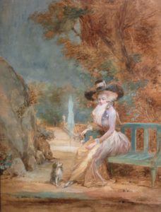 Peinture de Nicolas Lavreince intitulée “Jeune femme assise dans un parc”