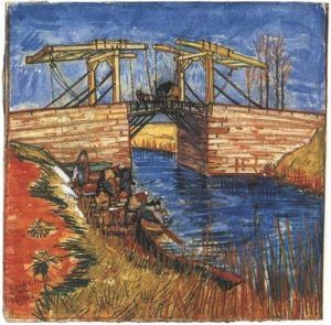 Peinture de Vincent Van Gogh intitulée “Le pont Langlois à Arles”