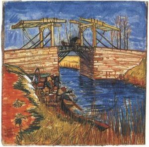 Peinture de Vincent Van Gogh intitulée “Le pont Langlois à Arles”