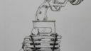 Dessin d'un robot doré avec capuche jaune et yeux jaunes, style simple et moderne