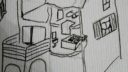 Dessin d'un personnage assis avec un ordinateur et des objets sur une table, style simple et linéaire