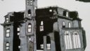 Bâtiment en ruines dessiné en noir et blanc