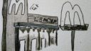 Dessin de pont avec des bateaux et des personnages en noir et blanc