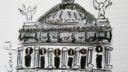 Un bâtiment avec des colonnes et des personnages en haut, style de croquis
