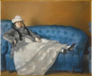 Œuvre de Manet intitulée "Portrait de Mme Manet sur un canapé bleu"