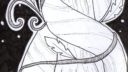 Dessin en noir et blanc montrant une figure humaine avec des motifs floraux et des lignes de mouvement