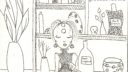 Dessin de deux personnages assis dans un intérieur, avec des objets et des meubles dessinés en noir et blanc