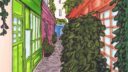 Rue colorée avec des voitures et des plantes grimpantes, style cartoon