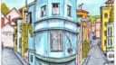 Façade colorée d'immeuble avec escalier et fenêtres, style de dessin simple et clair