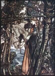 Illustration de Arthur Rackham intitulée “Brünnhilde mène doucement et silencieusement son cheval vers la caverne”