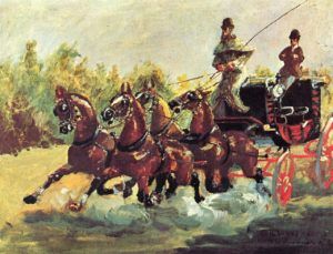 Peinture de Toulouse-Lautrec intitulée “Le comte Alphonse de Toulouse-Lautrec conduisant un attelage à quatre chevaux”