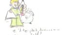 Un dessin de personnage avec une capuche jaune et des yeux jaunes, tenant une pince à épiler, sur fond blanc