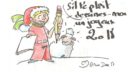 Un dessin humoristique de Noël avec un personnage en costume de lutin et un chat, sur fond blanc