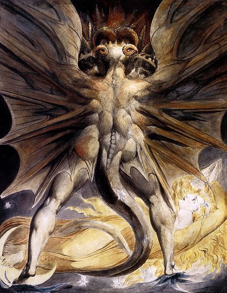 Peinture de Blake intitulée “Le Grand Dragon Rouge et la Femme vêtue de Soleil”