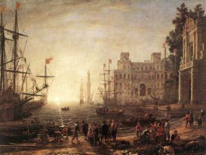 Peinture de Le Lorrain intitulée "Port de mer avec la villa Médicis"