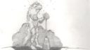 Dessin d'une personne assise tenant un crayon, style simple et monochrome