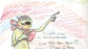 Un dessin coloré de personnage avec capuche jaune et yeux jaunes, tenant une guitare, sur fond de ciel