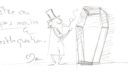 Un croquis de deux personnages en train de discuter, un chapeau et une boîte en arrière-plan