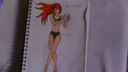 Dessin de fille en maillot de bain avec cheveux rouges, sur papier blanc