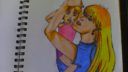 Dessin de deux personnages féminins en action, avec une technique de croquis et des couleurs vives