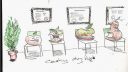 Une table avec des fruits, une tasse de café et une personne dessinant sur un ordinateur
