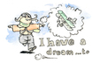 Un dessin de main tenant un stylo avec l'inscription "I have a dream..." et un robot doré avec capuche jaune et yeux jaunes.