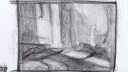 Dessin en noir et blanc montrant une structure géométrique abstraite, technique de croquis