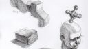 Une scène avec des personnages et un objet rectangulaire, style de croquis