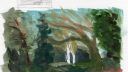 Composition de peinture montrant des arbres et des personnages dans un paysage