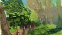 Paysage avec arbres et maison, technique de dessin coloré
