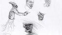 Un dessin de deux personnages assis, l'un portant un chapeau, dans un style simple et expressif