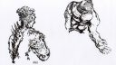 Trois croquis de personnages en mouvement, style de dessin réaliste