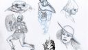 Dessins de personnages en noir et blanc, style simple et rapide