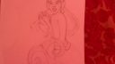 Dessin de fille avec cheveux roses et robe rose sur fond rouge, style simple et coloré