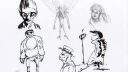 Dessins de personnages en noir et blanc, style cartoon, avec des expressions variées